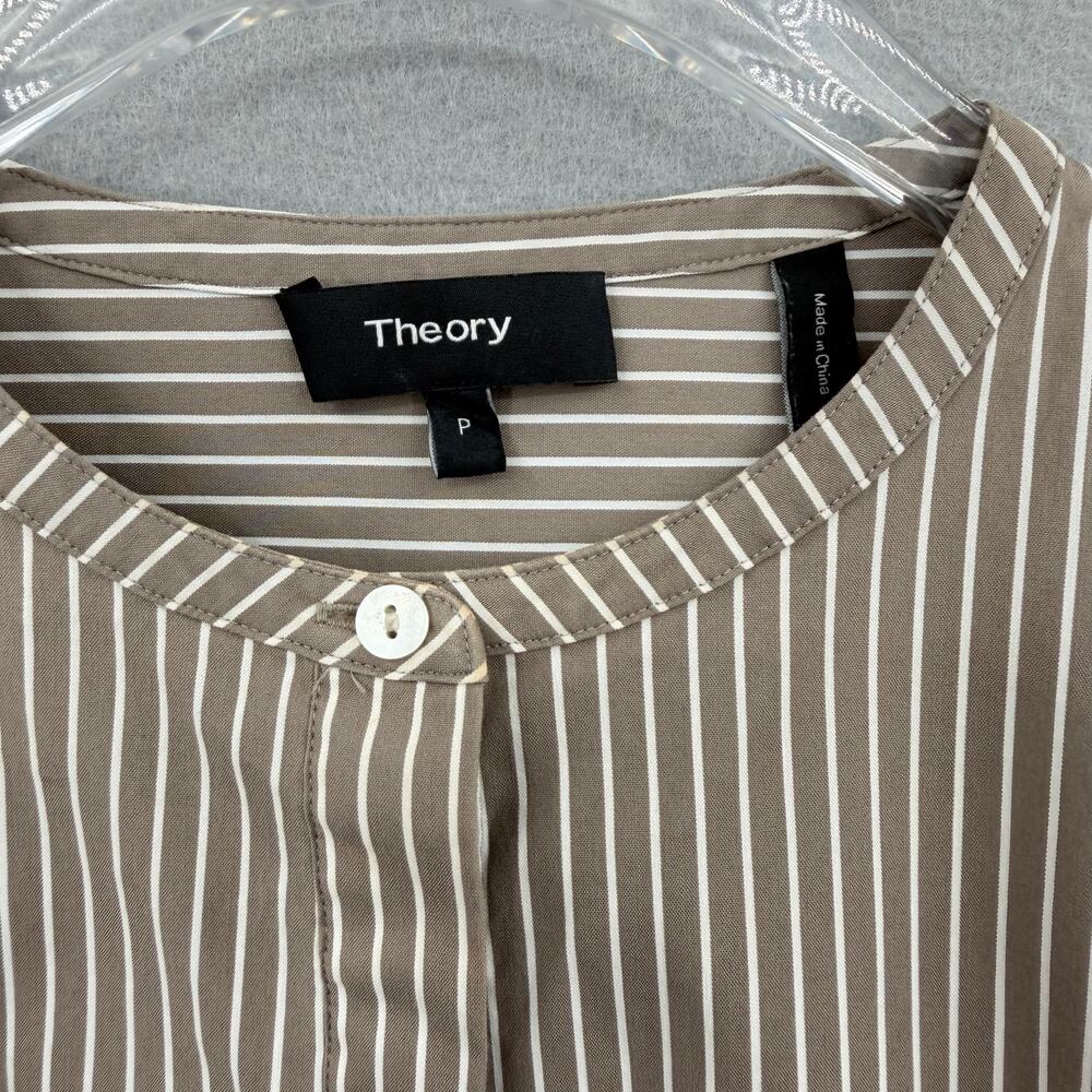 Theory Beige & White Vertical Striped Half Button Down Round Neck Cotton Blouse - Picture 10 of 12